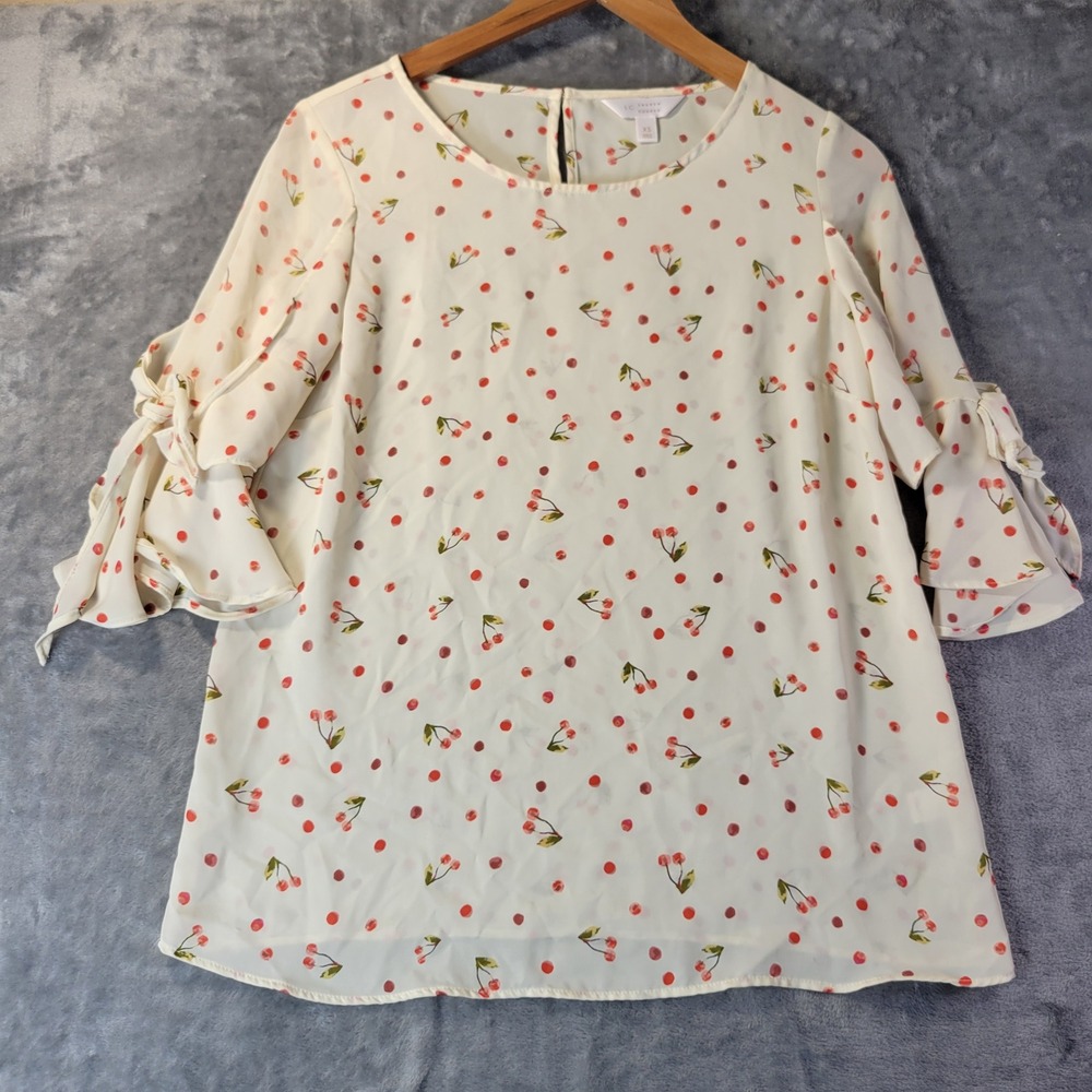 Lauren Conrad Womens XS Ivory Cherry Print Tie Sleeve Blouse Feminine Casual‎